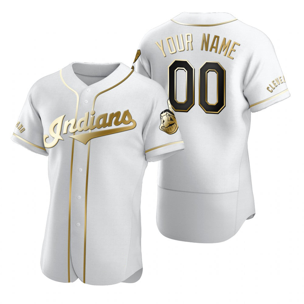 Custom Cleveland Indians White JEROMEN Stitched Flex Base Golden Edition Jersey