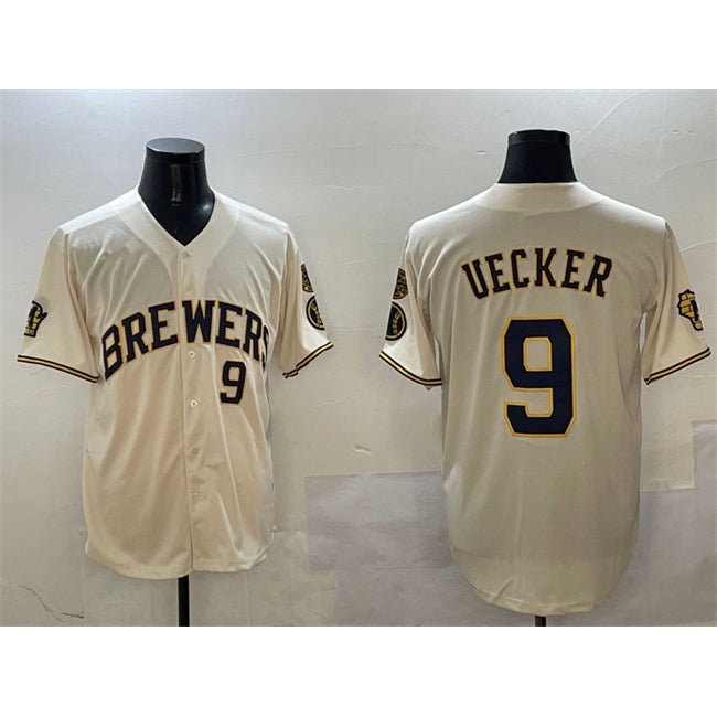 Milwaukee Brewers #9 Bob Uecker Cream JEROMEN With Home Patch Limited Stitched Baseball Jersey