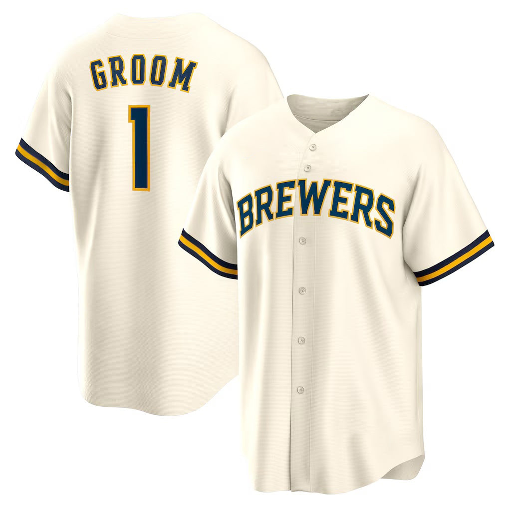 Milwaukee Brewers #1 Groom White JEROMEN Home Replica Jersey
