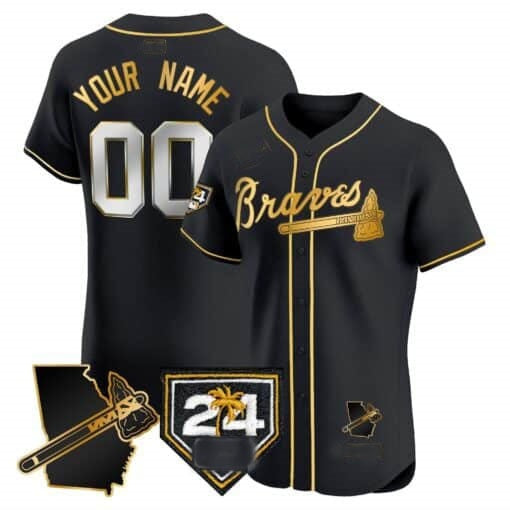 Custom Atlanta Braves 2024 Spring Training & Georgia Patch Vapor Premier Elite Jersey ¨C Black Gold JEROMEN