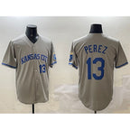 Kansas City Royals #13 Salvador Perez Gray JEROMEN 2024 Away Limited Stitched Jersey