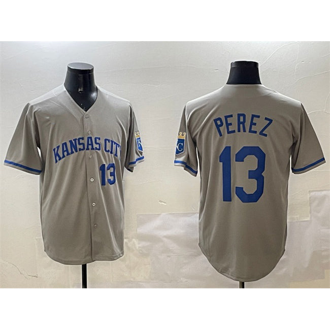 Kansas City Royals #13 Salvador Perez Gray JEROMEN 2024 Away Limited Stitched Jersey