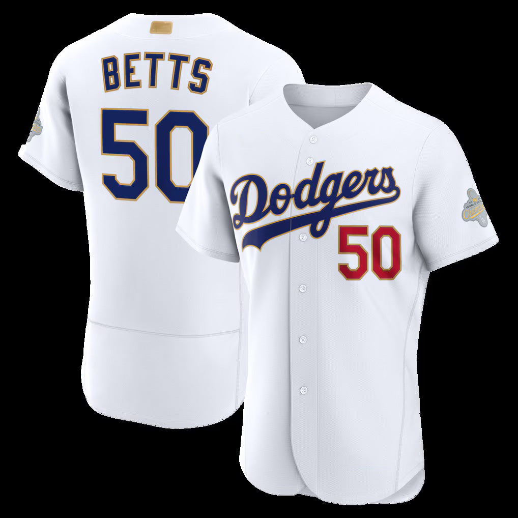 Los Angeles Dodgers #50 Mookie Betts White JEROMEN 2026 Gold Collection Authentic Jersey