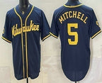 Milwaukee Brewers #5 Garrett Mitchell Navy Blue JEROMEN Stitched Cool Base Jersey