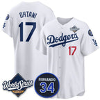 Los Angeles Dodgers #17 Shohei Ohtani White JEROMEN 2025 World Series With No. 34 Patch Limited Stitched Jersey