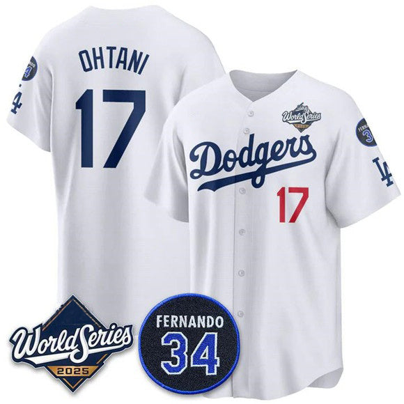 Los Angeles Dodgers #17 Shohei Ohtani White JEROMEN 2025 World Series With No. 34 Patch Limited Stitched Jersey