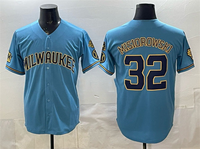 Milwaukee Brewers #32 Jacob Misiorowski Blue JEROMEN With Home & Bob Uecker Patch Stitched Jersey