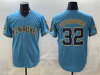 Milwaukee Brewers #32 Jacob Misiorowski Blue JEROMEN With Home & Bob Uecker Patch Stitched Jersey