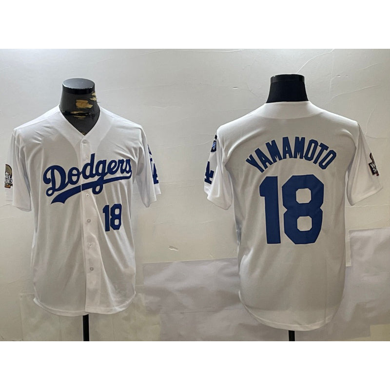 Los Angeles Dodgers #18 Yoshinobu Yamamoto White JEROMEN 2024 World Series With Fernando Memorial Patch Home Limited Stitched Jersey 2