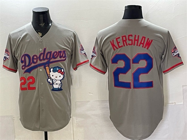 Los Angeles Dodgers #22 Clayton Kershaw Grey JEROMEN Hello Kitty Night 2025 World Series Champions Patch Stitched Jersey