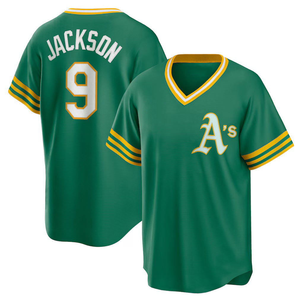 Oakland Athletics #9 Reggie Jackson Kelly Green JEROMEN Road Cooperstown Collection Player Jersey
