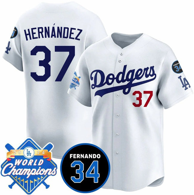 Los Angeles Dodgers #37 Teoscar Hernandez White JEROMEN 2024 World Champions & Fernando Memorial Patch Vapor Premier Home Limited Stitched Jersey