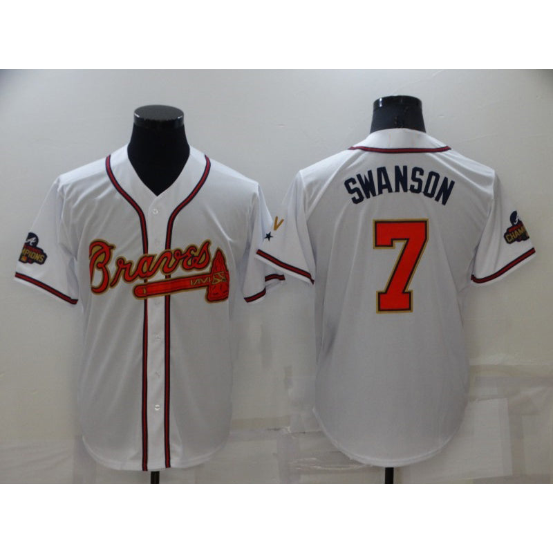 Atlanta Braves#7 Dansby Swanson 2022 White JEROMEN Gold World Series Champions Program Cool Base Stitched Jersey