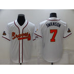 Atlanta Braves#7 Dansby Swanson 2022 White JEROMEN Gold World Series Champions Program Cool Base Stitched Jersey
