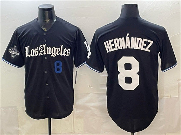 Los Angeles Dodgers #8 Enrique Hern¨¢ndez Black JEROMEN 2025 World Series Champions Patch 'Gothic Edition' Vapor Premier Limited Stitched Jersey