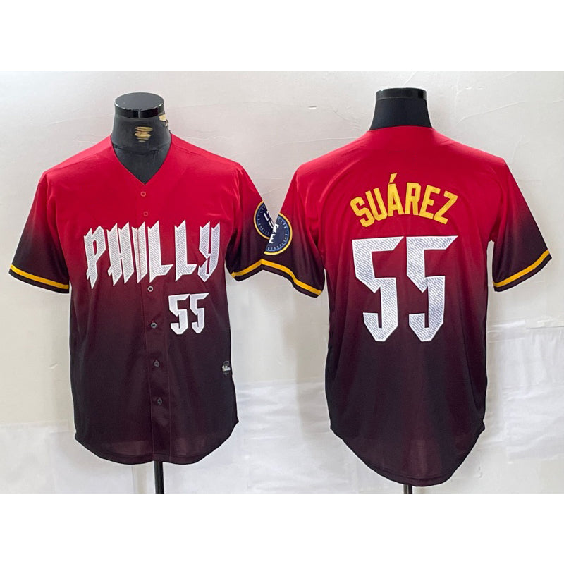 Philadelphia Phillies #55 Ranger Suarez Red JEROMEN 2024 City Player Number Cool Base Jersey 3