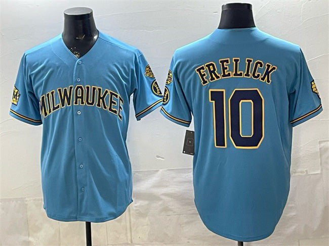 Milwaukee Brewers #10 Sal Frelick Blue JEROMEN With Home & Bob Uecker Patch Stitched Jersey