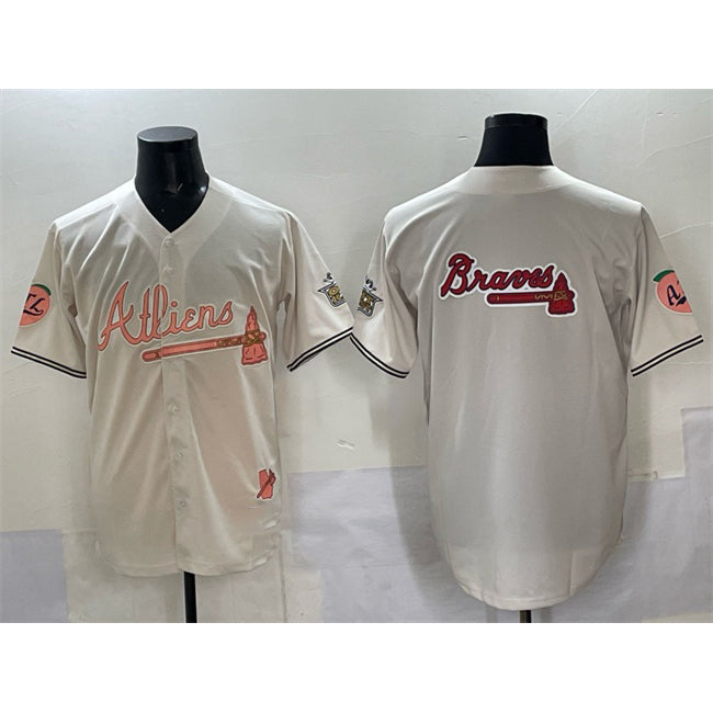 Atlanta Braves Team Big Logo Cream JEROMEN 2024 Atliens & Peach With Outkast Patch Vapor Limited Stitched Jersey