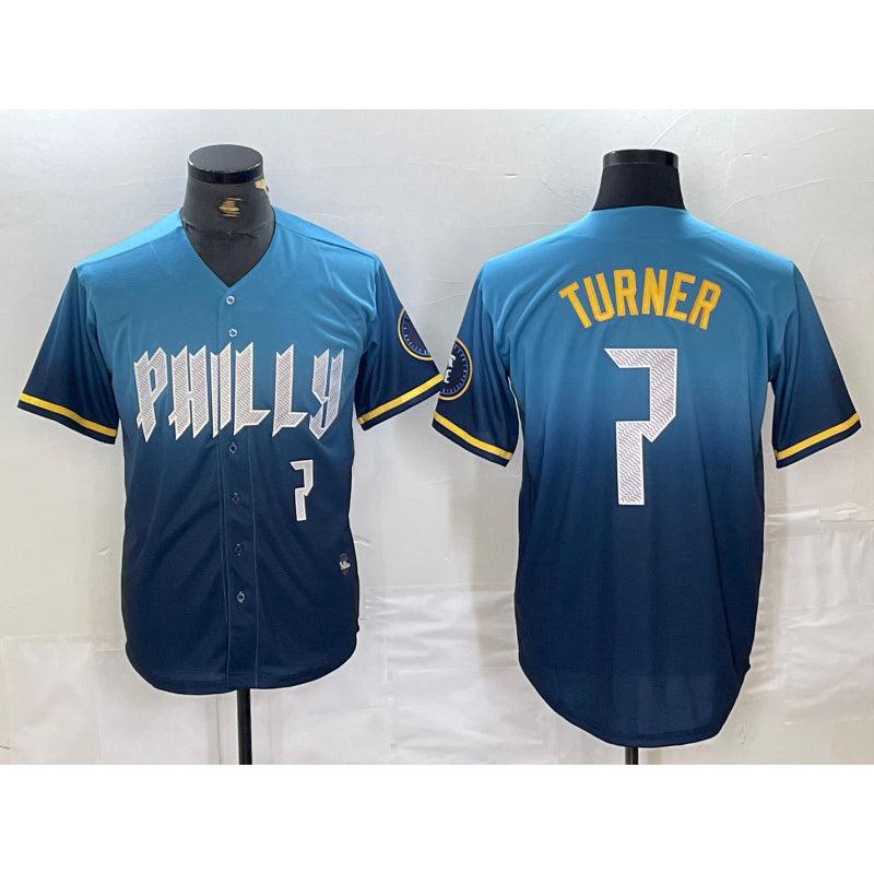 Philadelphia Phillies #7 Trea Turner Number Blue JEROMEN 2024 City Connect Limited Stitched Jersey 2