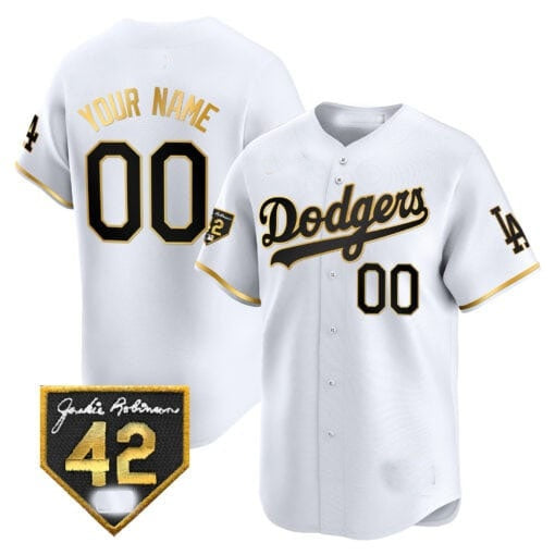 Custom Los Angeles Dodgers 2024 Jackie Robinson Patch Vapor Premier Limited Jersey ¨C White Gold JEROMEN