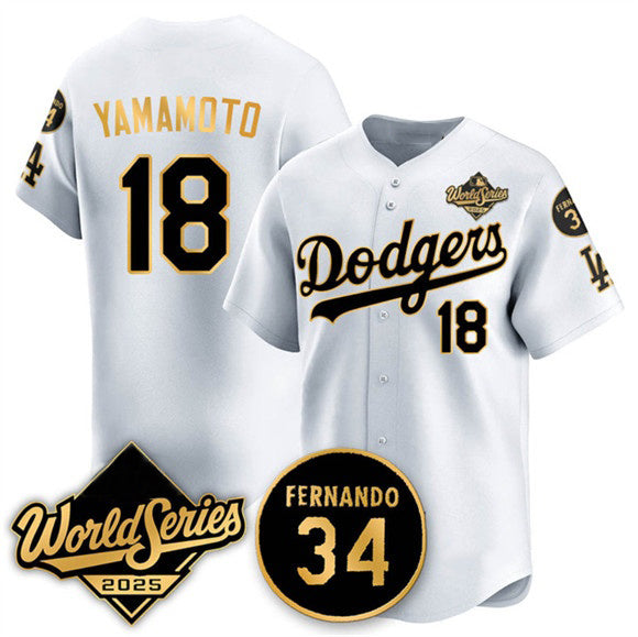Los Angeles Dodgers #18 Yoshinobu Yamamoto White Gold JEROMEN 2025 World Series With No.34 Patch Limited Stitched Jersey