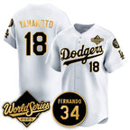 Los Angeles Dodgers #18 Yoshinobu Yamamoto White Gold JEROMEN 2025 World Series With No.34 Patch Limited Stitched Jersey