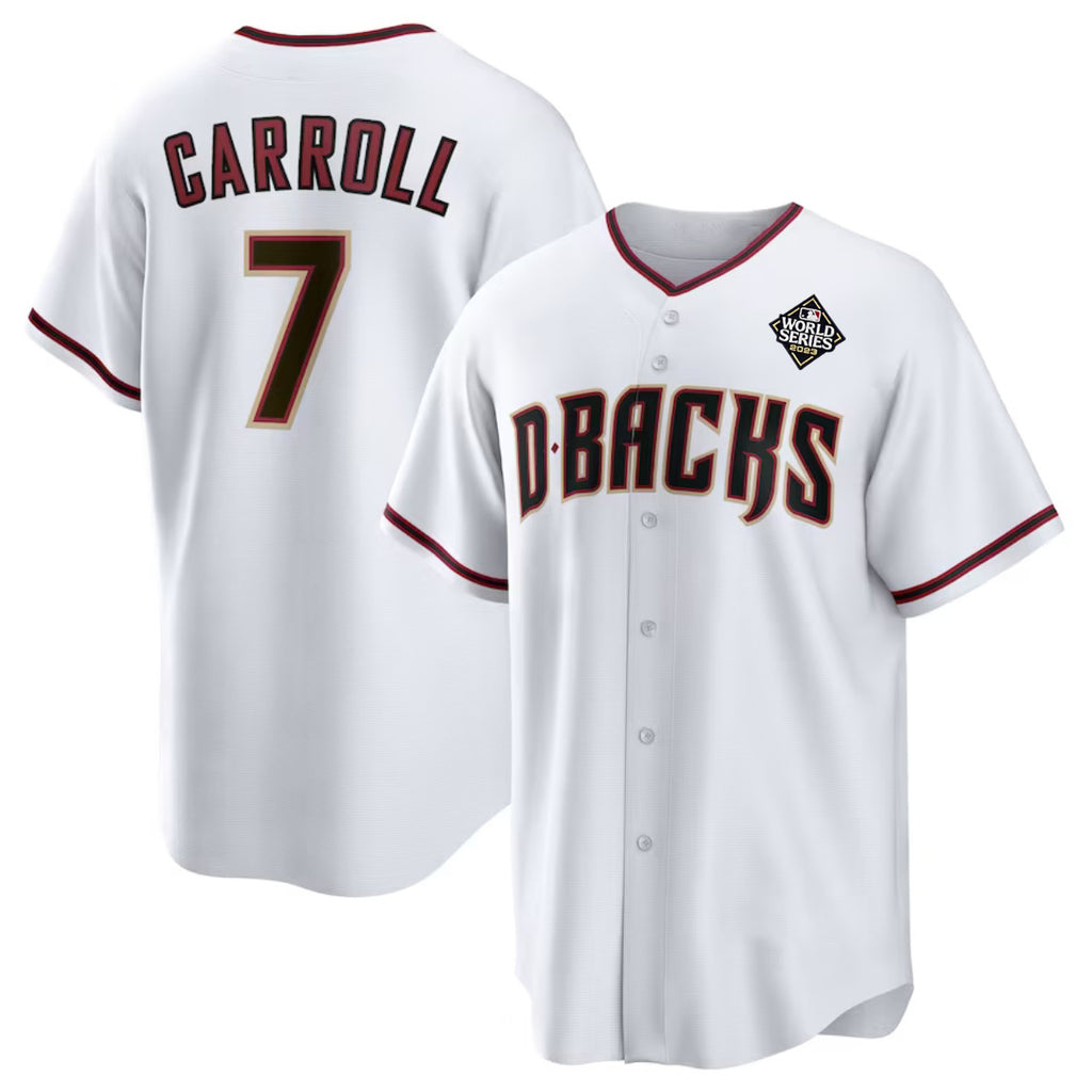 Arizona Diamondbacks #7 Corbin Carroll White JEROMEN 2023 World Series Cool Base Stitched Jersey 2