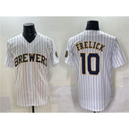 Milwaukee Brewers #10 Sal Frelick White JEROMEN Pinstripe 2025 With Patch Stitched Jersey