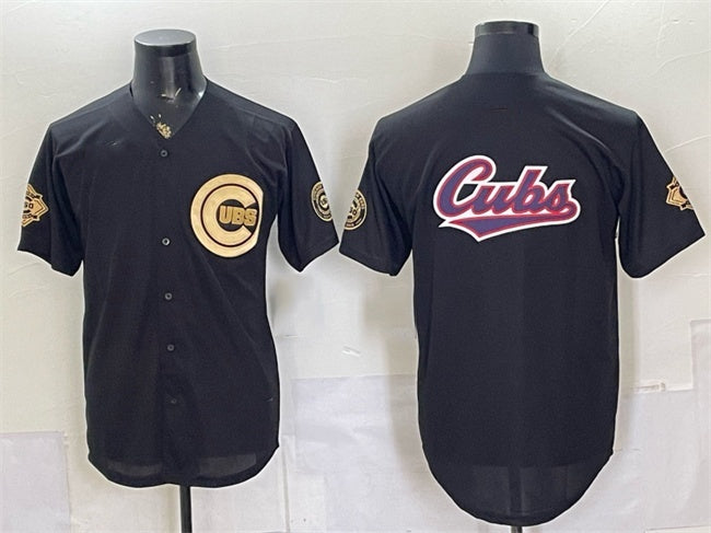 Chicago Cubs Team Big Logo Black Gold Black JEROMEN 150th Anniversary Patch Stitched Jersey