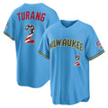 Milwaukee Brewers #2 Brice Turang USA 250 Fourth of July Road Stadium Jersey - Light Blue JEROMEN