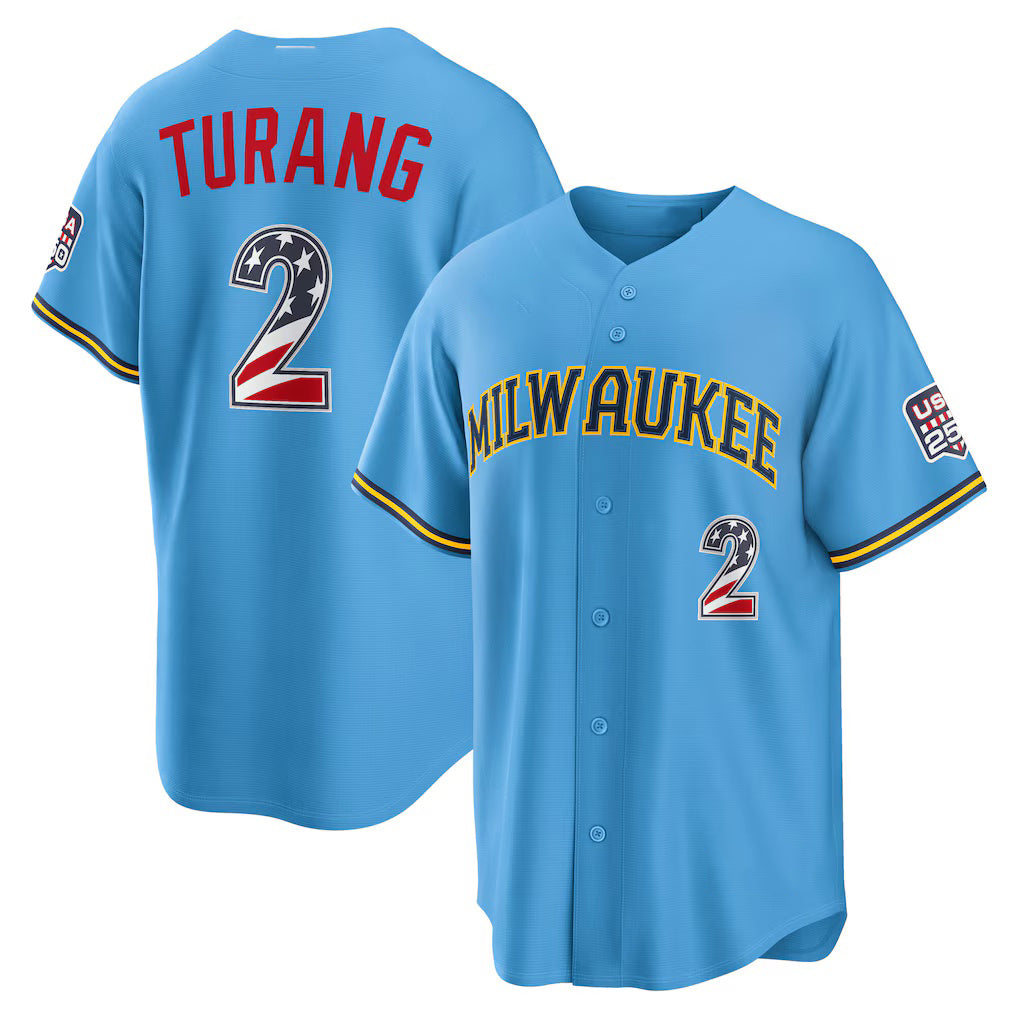 Milwaukee Brewers #2 Brice Turang USA 250 Fourth of July Road Stadium Jersey - Light Blue JEROMEN
