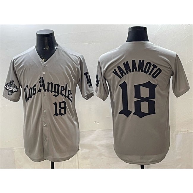 Los Angeles Dodgers #18 Yoshinobu Yamamoto Grey JEROMEN LA Gothic Style With 2025 World Series Champions Patch Limited Stitched Jersey