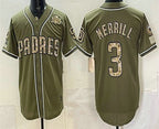 San Diego Padres #3 Jackson Merrill Olive JEROMEN 2026 Armed Forces Day Jersey