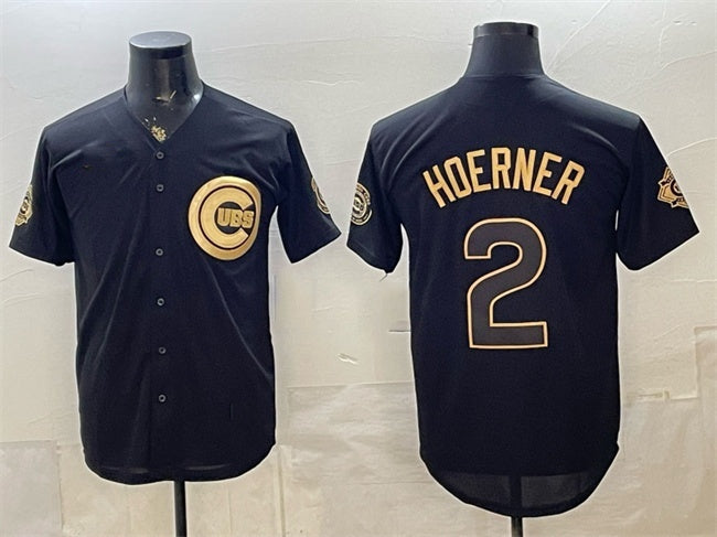 Chicago Cubs #2 Nico Hoerner Black Gold JEROMEN 150th Anniversary Patch Stitched Jersey