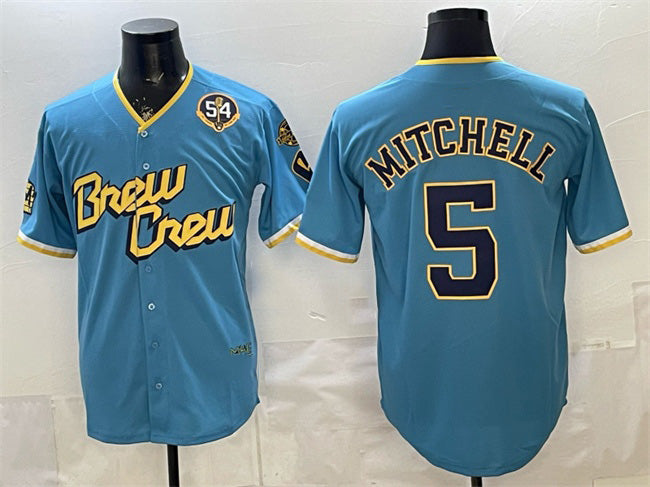 Milwaukee Brewers #5 Garrett Mitchell Powder Blue JEROMEN City Connect With Home & Bob Uecker Patch Limited Stitched Jersey