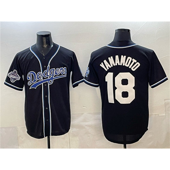 Los Angeles Dodgers #18 Yoshinobu Yamamoto Black JEROMEN 2025 World Series Champions Patch Cool Base Stitched Jersey