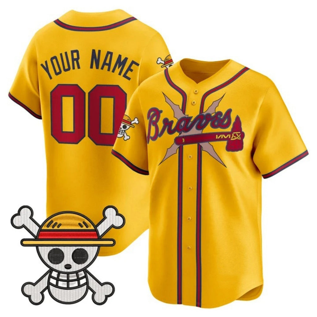 Custom Atlanta Braves x One Piece Gold JEROMEN Vapor Premier Limited Jersey - Stitched