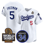 Los Angeles Dodgers #5 Freddie Freeman White JEROMEN 2024 World Series With Fernando Memorial Patch Limited Stitched Jersey