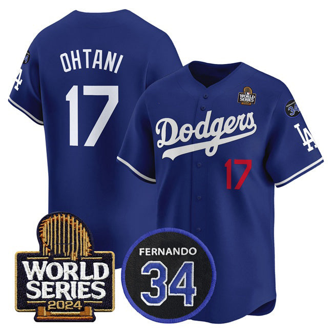 Los Angeles Dodgers #17 Shohei Ohtani Royal JEROMEN 2024 World Series With Fernando Memorial Patch Limited Stitched Jersey 2