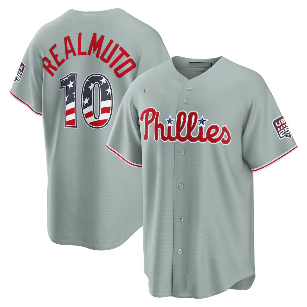 Philadelphia Phillies #10 J.T. Realmuto USA 250 Fourth of July Road Stadium Jersey - Gray JEROMEN