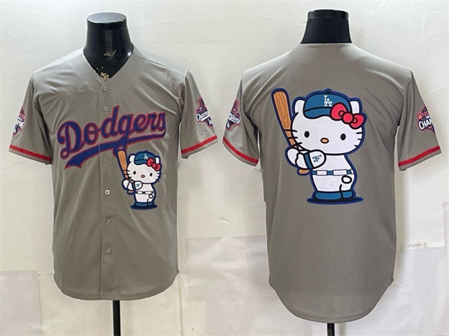 Los Angeles Dodgers Team Big Logo Grey JEROMEN Hello Kitty Night 2025 World Series Champions Patch Stitched Jersey