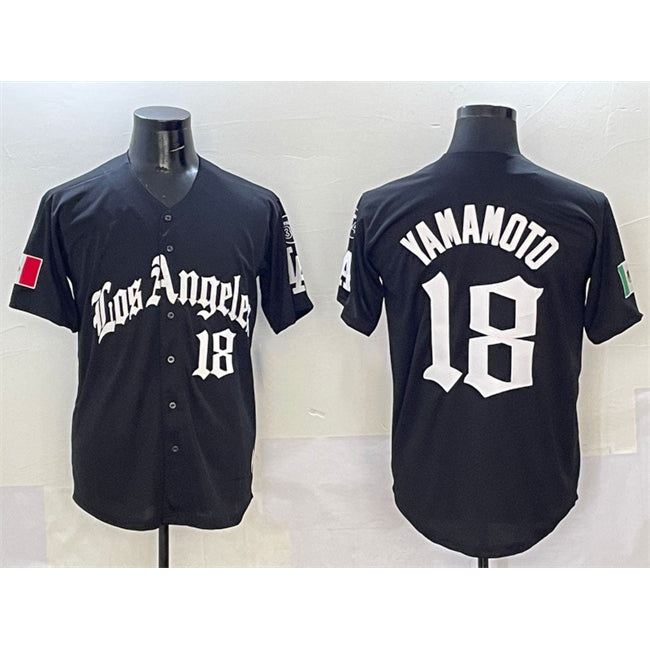 Los Angeles Dodgers #18 Yoshinobu Yamamoto Black JEROMEN Mexico 2025 LA Gothic Style With Fernando Patch Vapor Premier Limited Stitched Jersey