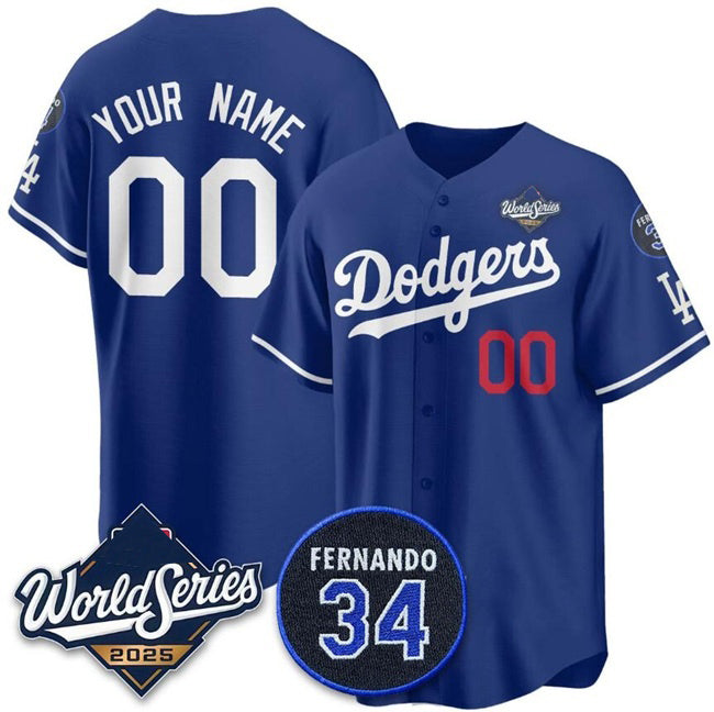 Custom Los Angeles Dodgers Active Player Royal JEROMEN 2025 World Series With No.34 Patch Limited Stitched Jersey