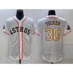 Houston Astros #30 Kyle Tucker 2023 White Gold JEROMEN World Serise Champions Patch Flex Base Stitched Jersey