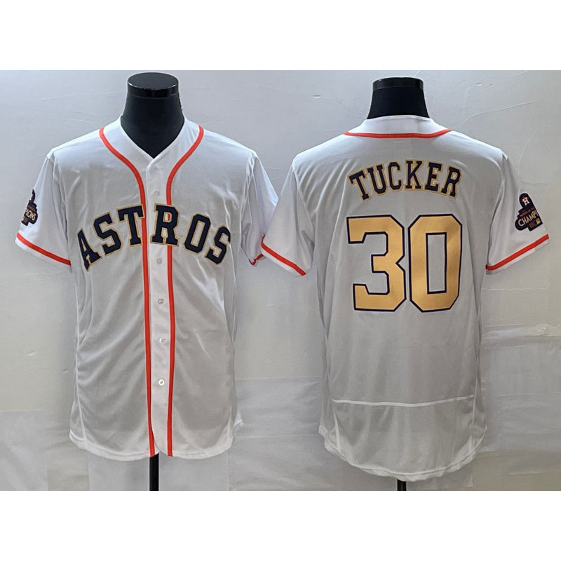 Houston Astros #30 Kyle Tucker 2023 White Gold JEROMEN World Serise Champions Patch Flex Base Stitched Jersey