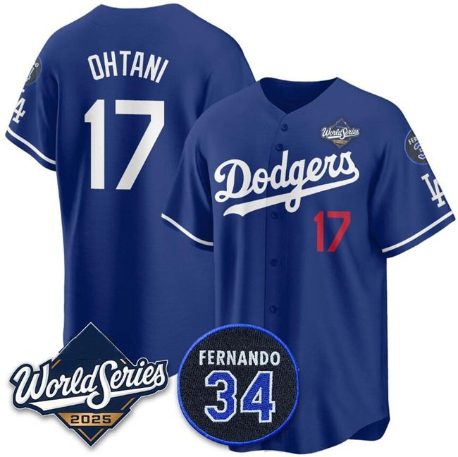 Los Angeles Dodgers #17 Shohei Ohtani Royal JEROMEN 2025 World Series With No.34 Patch Limited Stitched Jersey