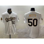 Los Angeles Dodgers #50 mookie betts white gold JEROMEN 2024 world series with fernando memorial patch limited stitched jersey