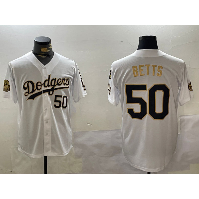 Los Angeles Dodgers #50 mookie betts white gold JEROMEN 2024 world series with fernando memorial patch limited stitched jersey