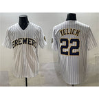 Milwaukee Brewers #22 Christian Yelich White JEROMEN Pinstripe 2025 With Patch Stitched Jersey