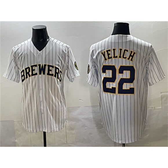 Milwaukee Brewers #22 Christian Yelich White JEROMEN Pinstripe 2025 With Patch Stitched Jersey